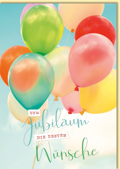 Glückwunschkarte zum Jubiläum bunte Luftballons fröhliches Design hochwertige Doppelkarte mit Umschlag für besondere Jubiläumswünsche