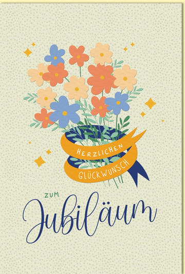 Glückwunschkarte zum Jubiläum mit buntem Blumenstrauß und Herzlichen Glückwunsch Schriftzug liebevoll gestaltet für besondere Anlässe