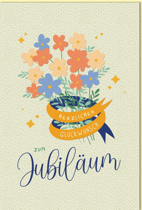 Glückwunschkarte zum Jubiläum mit buntem Blumenstrauß und Herzlichen Glückwunsch Schriftzug liebevoll gestaltet für besondere Anlässe