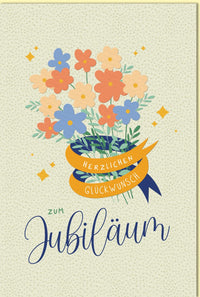 Glückwunschkarte zum Jubiläum mit buntem Blumenstrauß und Herzlichen Glückwunsch Schriftzug liebevoll gestaltet für besondere Anlässe