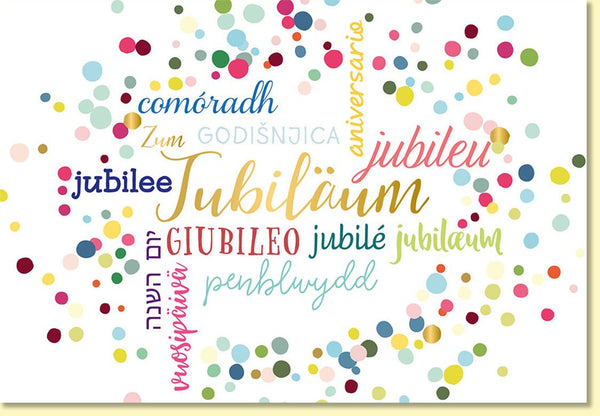 Glückwunschkarte zum Jubiläum mit buntem Konfetti und Jubiläum in verschiedenen Sprachen moderne Doppelkarte für besondere Anlässe