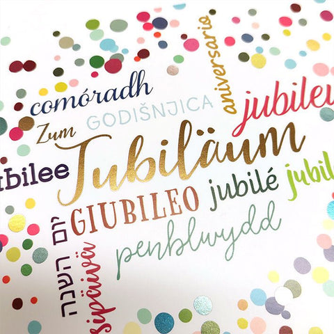 Glückwunschkarte zum Jubiläum mit buntem Konfetti und Jubiläum in verschiedenen Sprachen moderne Doppelkarte für besondere Anlässe