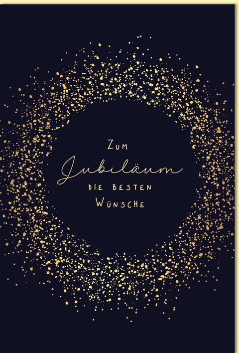 Glückwunschkarte zum Jubiläum mit edlem goldenen Konfetti - Kreis und elegantem Schriftzug auf dunkelblauem Hintergrund für besondere Anlässe