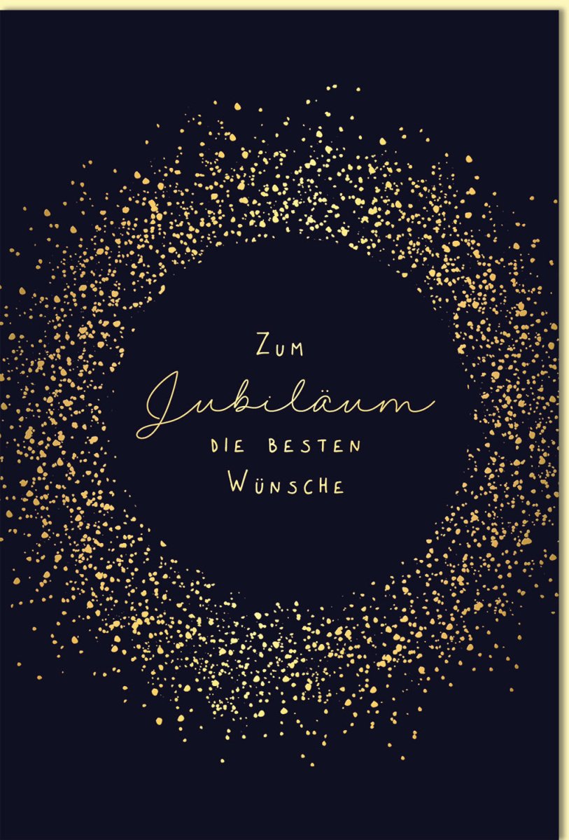 Glückwunschkarte zum Jubiläum mit edlem goldenen Konfetti - Kreis und elegantem Schriftzug auf dunkelblauem Hintergrund für besondere Anlässe