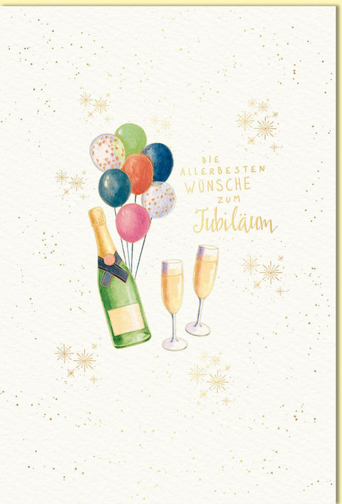 Glückwunschkarte zum Jubiläum mit Sektflasche Ballons und Gläsern edles Design goldene Akzente die allerbesten Wünsche