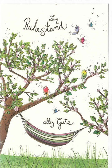 Glückwunschkarte zum Ruhestand mit blühendem Baum Hängematte und Vögeln liebevoll illustriert perfekte Karte zum Abschied in den Ruhestand