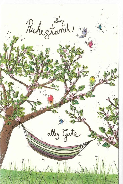 Glückwunschkarte zum Ruhestand mit blühendem Baum Hängematte und Vögeln liebevoll illustriert perfekte Karte zum Abschied in den Ruhestand