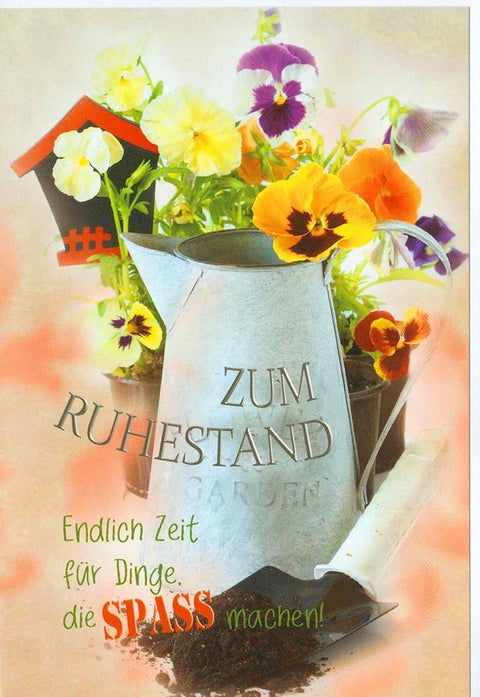 Glückwunschkarte zum Ruhestand mit Gießkanne und Blumen farbenfrohe Doppelkarte für den Renteneintritt Zeit für neue Hobbys Garten Motiv