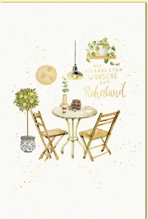 Glückwunschkarte zum Ruhestand mit liebevoller Illustration von Gartentisch Stühlen Pflanzen und Schriftzug Die allerbesten Wünsche zum Ruhestand