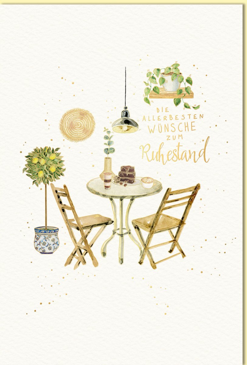 Glückwunschkarte zum Ruhestand mit liebevoller Illustration von Gartentisch Stühlen Pflanzen und Schriftzug Die allerbesten Wünsche zum Ruhestand