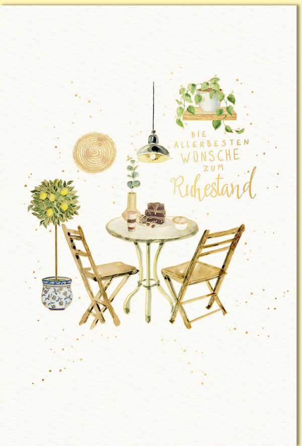 Glückwunschkarte zum Ruhestand mit liebevoller Illustration von Gartentisch Stühlen Pflanzen und Schriftzug Die allerbesten Wünsche zum Ruhestand