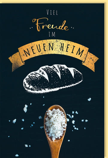 Glückwunschkarte zum Umzug mit Brot & Salz Design, Holzlöffel & Goldfolie - Traditionelles Geschenk für das neue Heim in Schwarz & Gelb