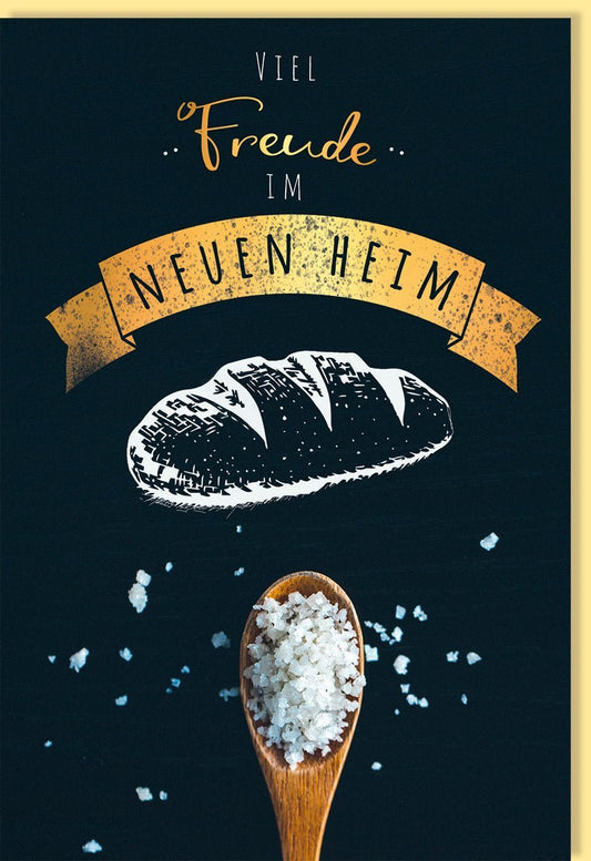 Glückwunschkarte zum Umzug mit Brot & Salz Design, Holzlöffel & Goldfolie - Traditionelles Geschenk für das neue Heim in Schwarz & Gelb