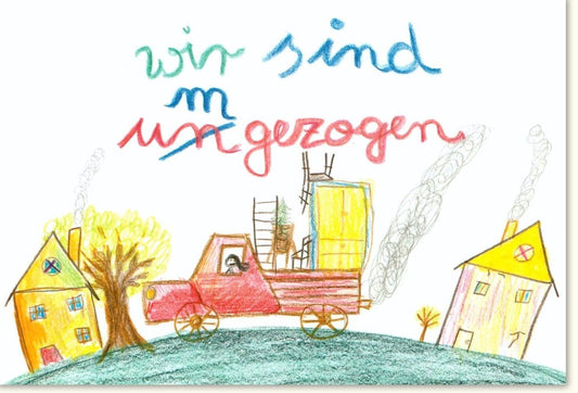 Glückwunschkarte zum Wohnungswechsel - Fröhliche Kinderzeichnung für Neuanfang