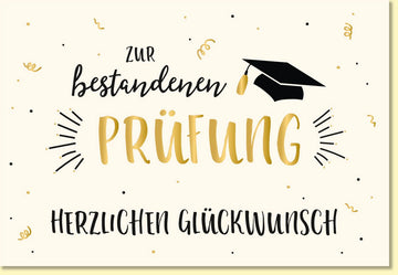 Glückwunschkarte zur bestandenen Prüfung mit goldener Schrift und Doktorhut Motiv moderne Doppelkarte herzlichen Glückwunsch