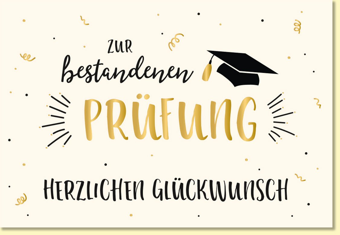 Glückwunschkarte zur bestandenen Prüfung mit goldener Schrift und Doktorhut Motiv moderne Doppelkarte herzlichen Glückwunsch