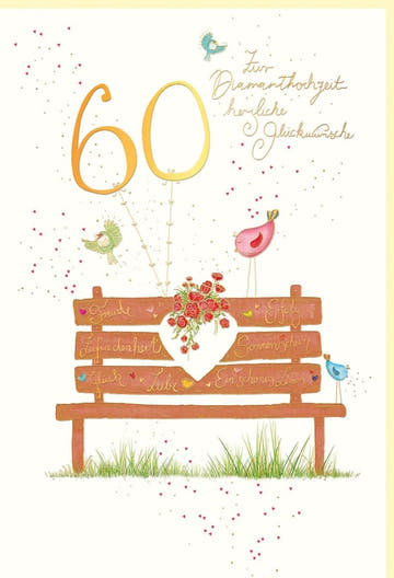 Glückwunschkarte zur Diamanthochzeit - Elegantes Design mit Holzbank, Vögeln & Rosen auf Naturkarton in Beige - Gold für 60 Jahre Liebe & Glück