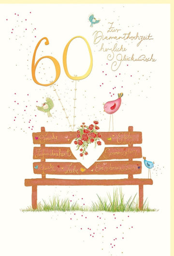 Glückwunschkarte zur Diamanthochzeit - Elegantes Design mit Holzbank, Vögeln & Rosen auf Naturkarton in Beige - Gold für 60 Jahre Liebe & Glück