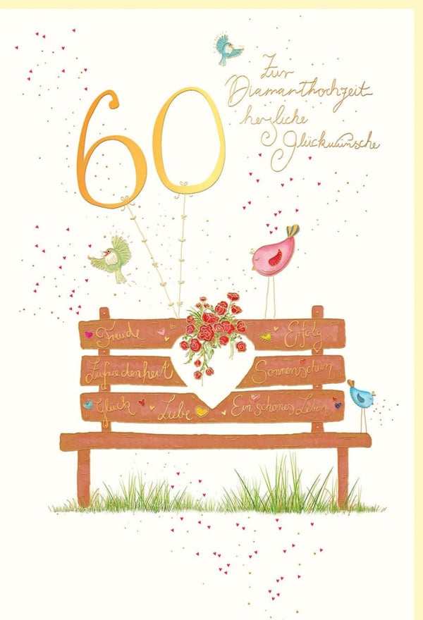 Glückwunschkarte zur Diamanthochzeit - Elegantes Design mit Holzbank, Vögeln & Rosen auf Naturkarton in Beige-Gold für 60 Jahre Liebe & Glück
