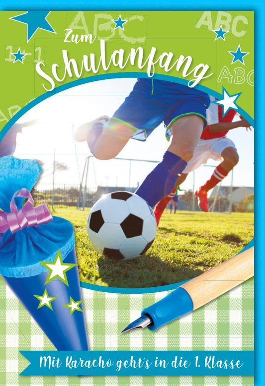 Glückwunschkarte zur Einschulung - Fußball - Motiv für Jungen, Erstklässler Schulanfang mit Schultüte & Spieler - Design