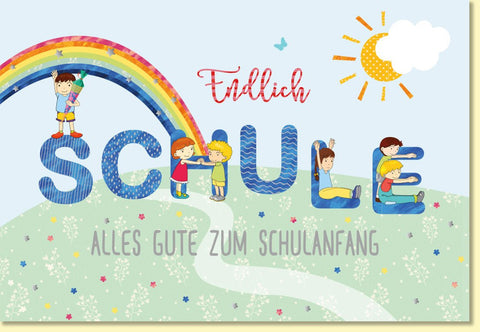 Glückwunschkarte zur Einschulung mit buntem Regenbogen und fröhlichen Kindern Alles Gute zum Schulanfang liebevoll gestaltet