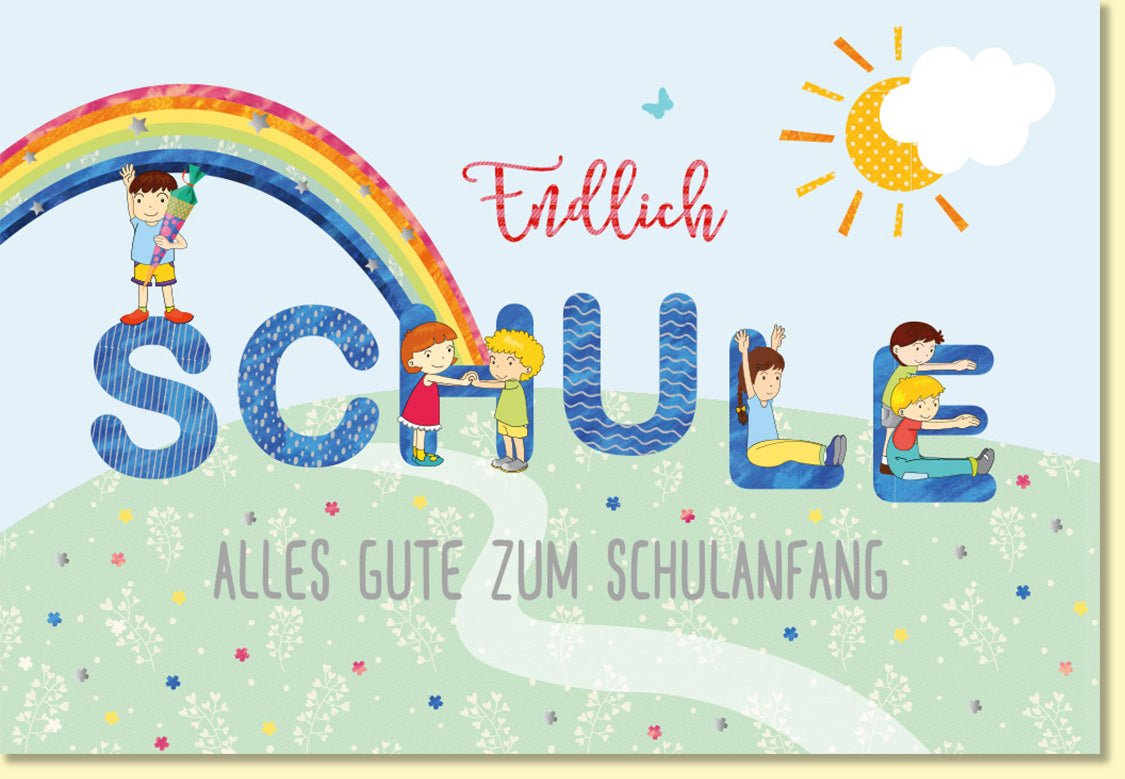 Glückwunschkarte zur Einschulung mit buntem Regenbogen und fröhlichen Kindern Alles Gute zum Schulanfang liebevoll gestaltet
