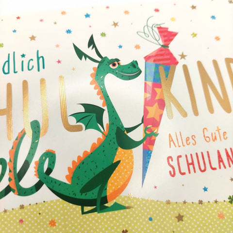 Glückwunschkarte zur Einschulung mit Drachenmotiv und Schultüte farbenfroh für Schulanfang und Erstklässler