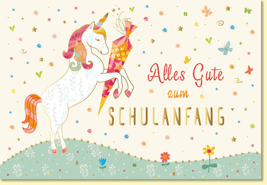 Glückwunschkarte zur Einschulung mit Einhorn und Schultüte farbenfroh liebevoll gestaltet für Mädchen zum Schulanfang