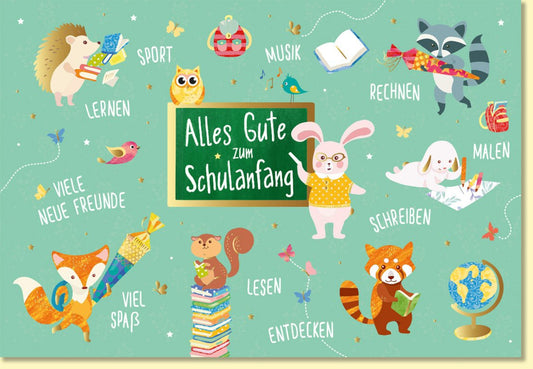 Glückwunschkarte zur Einschulung mit Tieren und Schultafel fröhliches Design für Schulanfang Lernen Freunde Entdecken