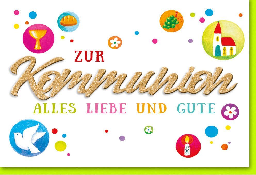 Glückwunschkarte zur Erstkommunion - Elegantes Design mit Taubenmotiv, Christliche Feier, Goldakzente in Grün und Gelb
