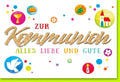 Glückwunschkarte zur Erstkommunion - Elegantes Design mit Taubenmotiv, Christliche Feier, Goldakzente in Grün und Gelb