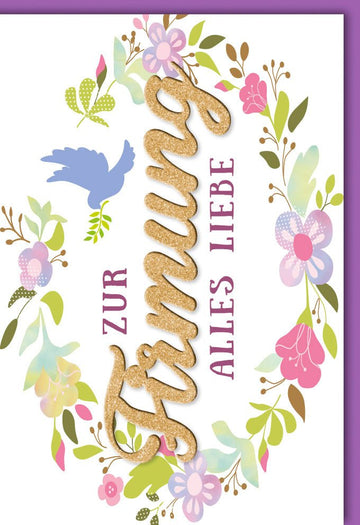 Glückwunschkarte zur Firmung mit goldener Schrift und Blumenkranz zarte Farben Taube und florales Design für besondere Wünsche