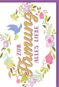 Glückwunschkarte zur Firmung mit goldener Schrift und Blumenkranz zarte Farben Taube und florales Design für besondere Wünsche