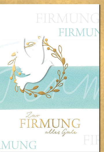 Glückwunschkarte zur Firmung mit goldener Taube und Zweig edles Design hochwertige Doppelkarte für besondere Wünsche