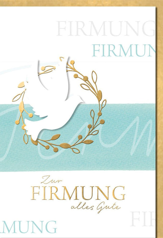 Glückwunschkarte zur Firmung mit goldener Taube und Zweig edles Design hochwertige Doppelkarte für besondere Wünsche