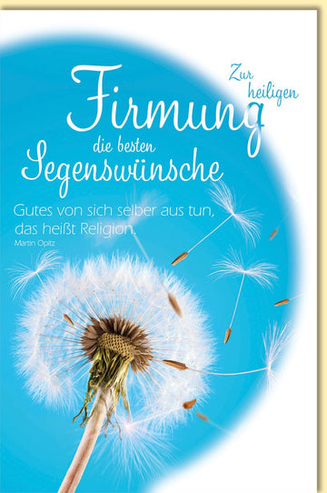 Glückwunschkarte zur Firmung mit Pusteblume und Segenswünsche modern blau religiöse Doppelkarte für Jungen und Mädchen
