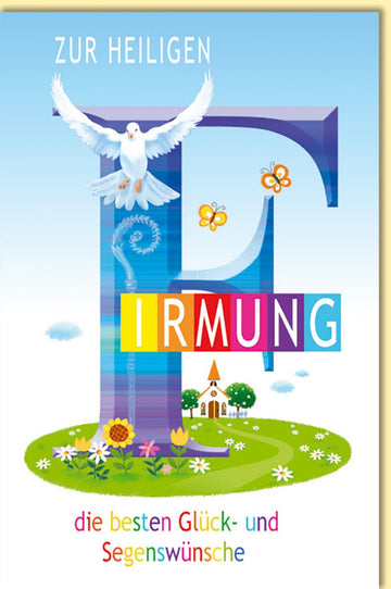 Glückwunschkarte zur Firmung mit Taube, Kirche und buntem Schriftzug, Segenswünsche zur heiligen Firmung für Jungen und Mädchen