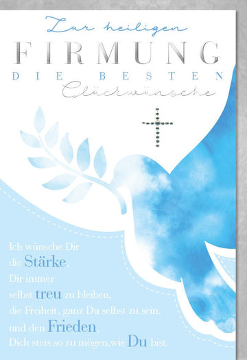 Glückwunschkarte zur Firmung mit Taube und Kreuz in Blau edle Doppelkarte mit Segenswünschen religiöse Doppelkarte für Jungen