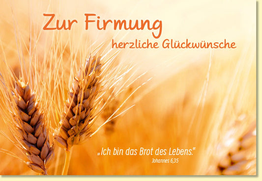 Glückwunschkarte zur Firmung mit Weizen Ähren und Bibelvers Johannes 6 35 christliche Grußkarte für Jungen und Mädchen