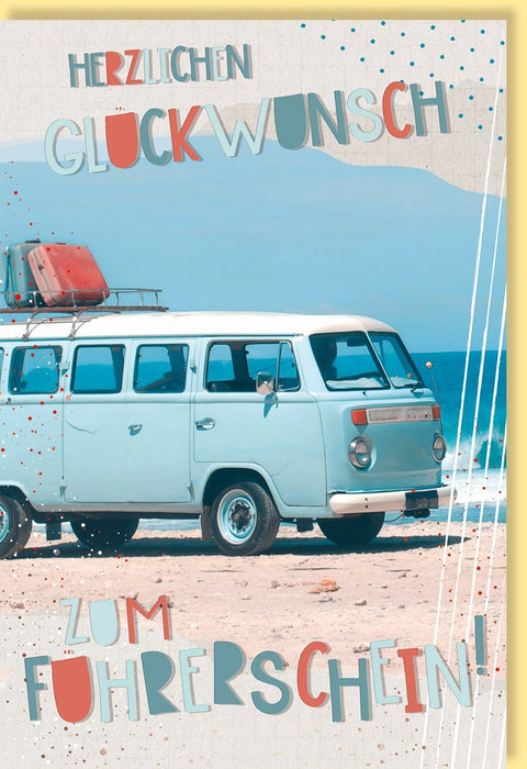 Glückwunschkarte zur Führerscheinprüfung – Bunter Bulli am Strand Design