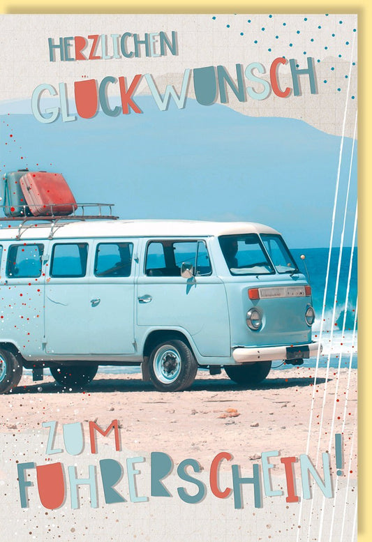 Glückwunschkarte zur Führerscheinprüfung – Bunter Bulli am Strand Design