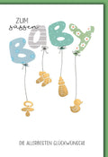 Glückwunschkarte zur Geburt – Baby-Buchstaben mit Schnuller und Blumenmuster