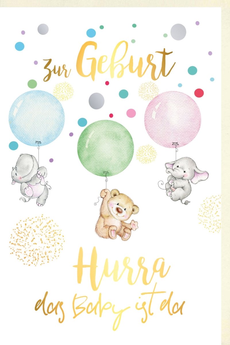Glückwunschkarte zur Geburt - Babyshower - Karte mit Elefant, Bär, Konfetti & Luftballons