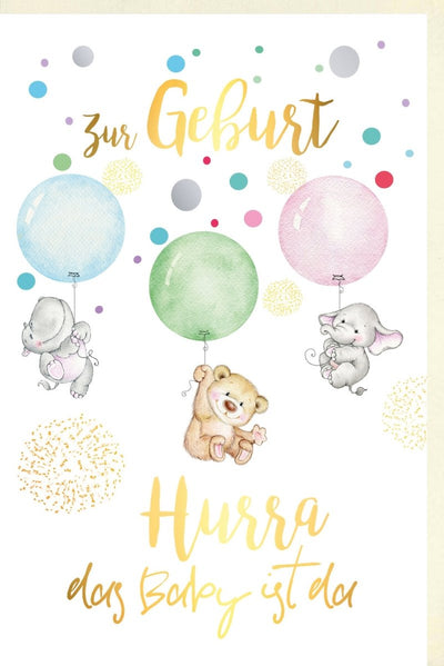 Glückwunschkarte zur Geburt - Babyshower-Karte mit Elefant, Bär, Konfetti & Luftballons