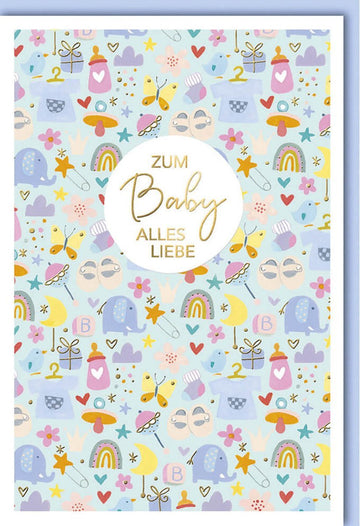 Glückwunschkarte zur Geburt eines Jungen - Babykarte in Blau mit Pastell Illustration, Ideal für Babyparty & als Kinderzimmer Deko