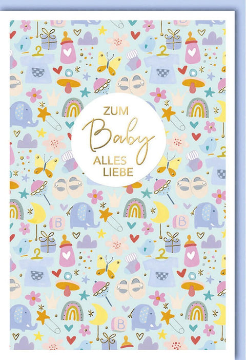 Glückwunschkarte zur Geburt eines Jungen - Babykarte in Blau mit Pastell Illustration, Ideal für Babyparty & als Kinderzimmer Deko
