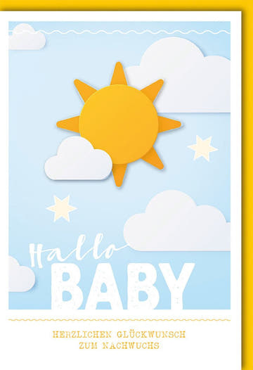 Glückwunschkarte zur Geburt eines Jungen - Babyshower Gruß in Hellblau & Gelb mit Sonnen - und Wolkenmotiv, Willkommensgruß für Neugeborene