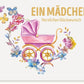 Glückwunschkarte zur Geburt eines Mädchens: Aquarell - Kinderwagen & Blumen in Rosa