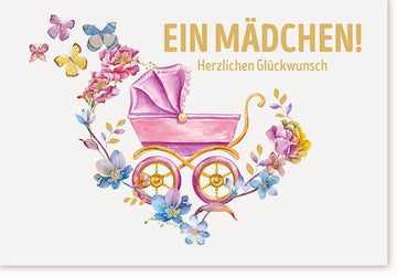 Glückwunschkarte zur Geburt eines Mädchens: Aquarell - Kinderwagen & Blumen in Rosa