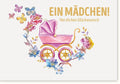 Glückwunschkarte zur Geburt eines Mädchens: Aquarell-Kinderwagen & Blumen in Rosa